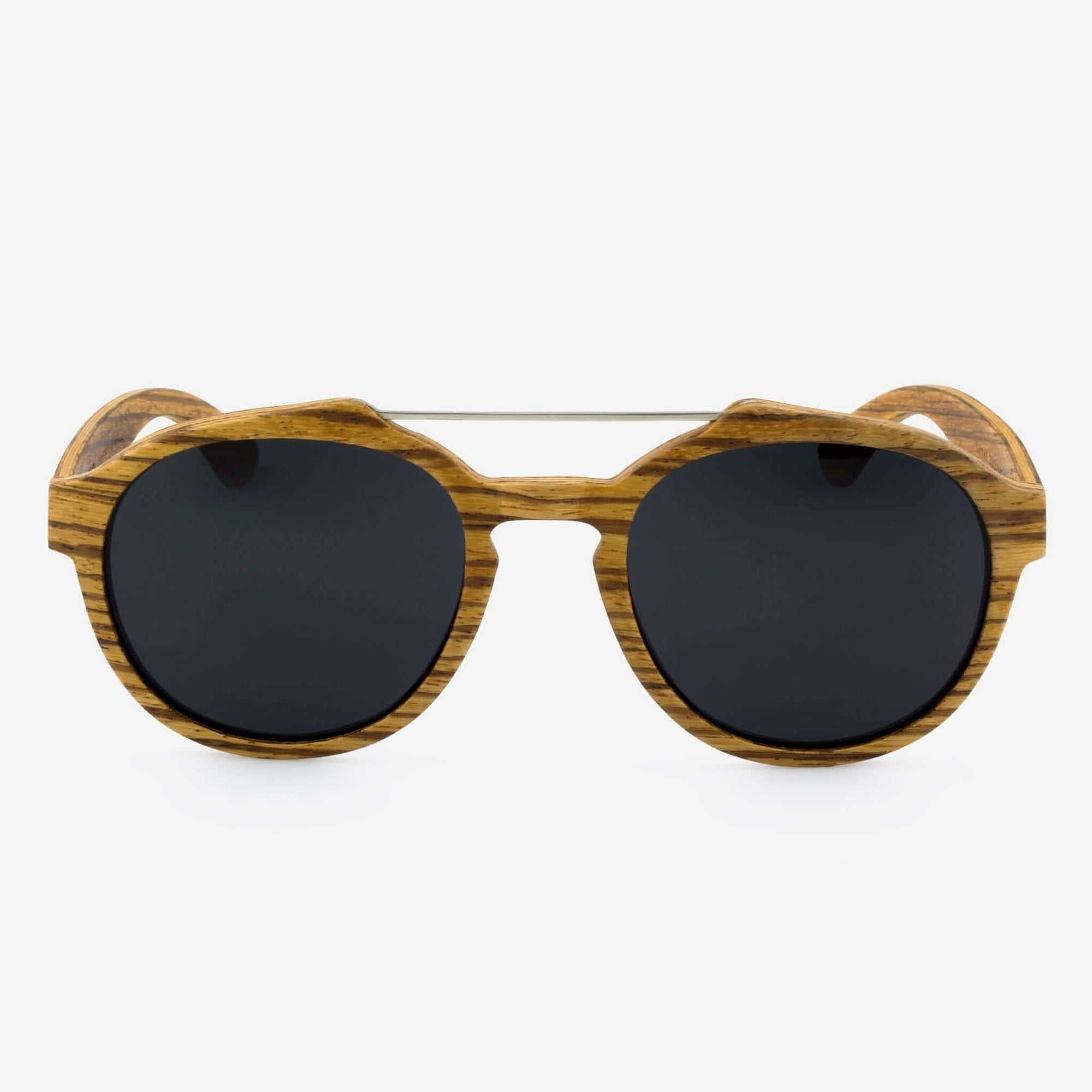 Tommy Owens - Cortez - Oversized Round Wood & Metal Sunglasses (Zebrawood) Front View