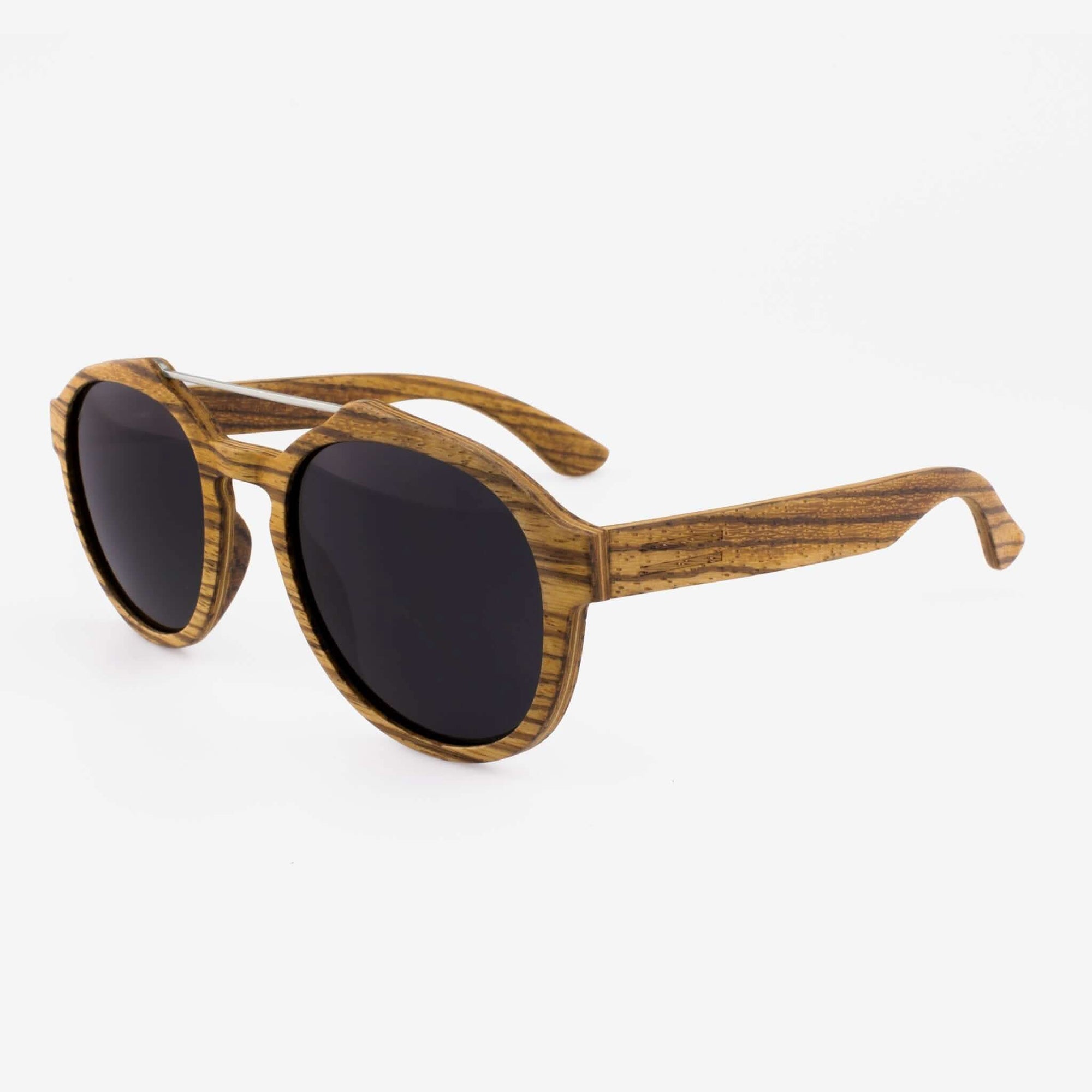 Tommy Owens - Cortez - Oversized Round Wood & Metal Sunglasses (Zebrawood) Angled View