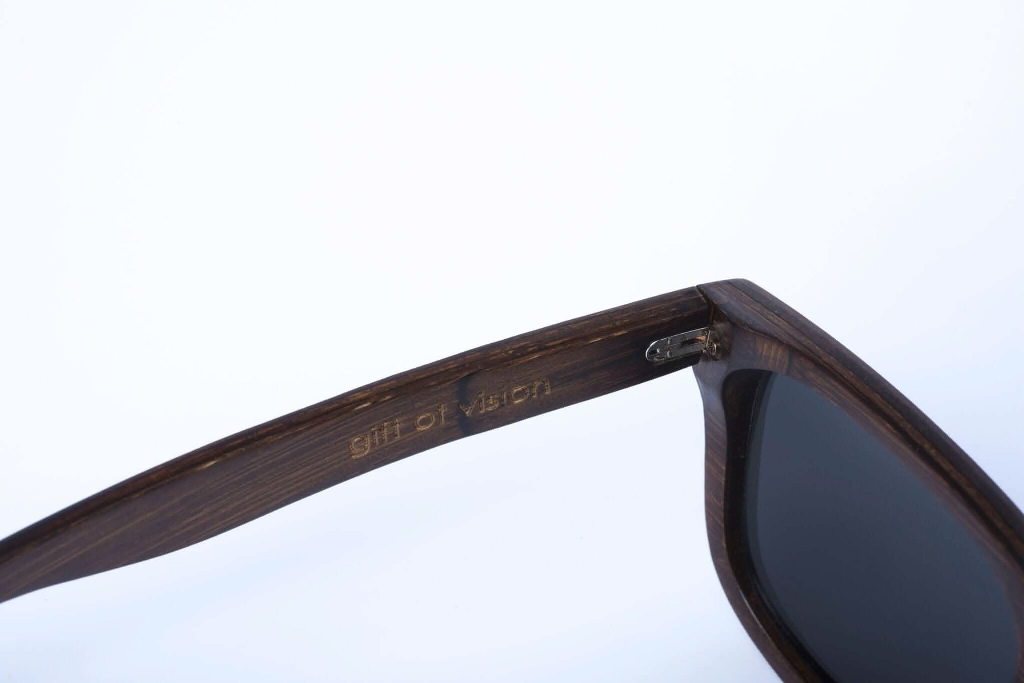 Panda JACKSON Bamboo Wayfarer Sunglasses (Brown) Inside Left Arm View with &quot;gift of vision&quot; Embossed