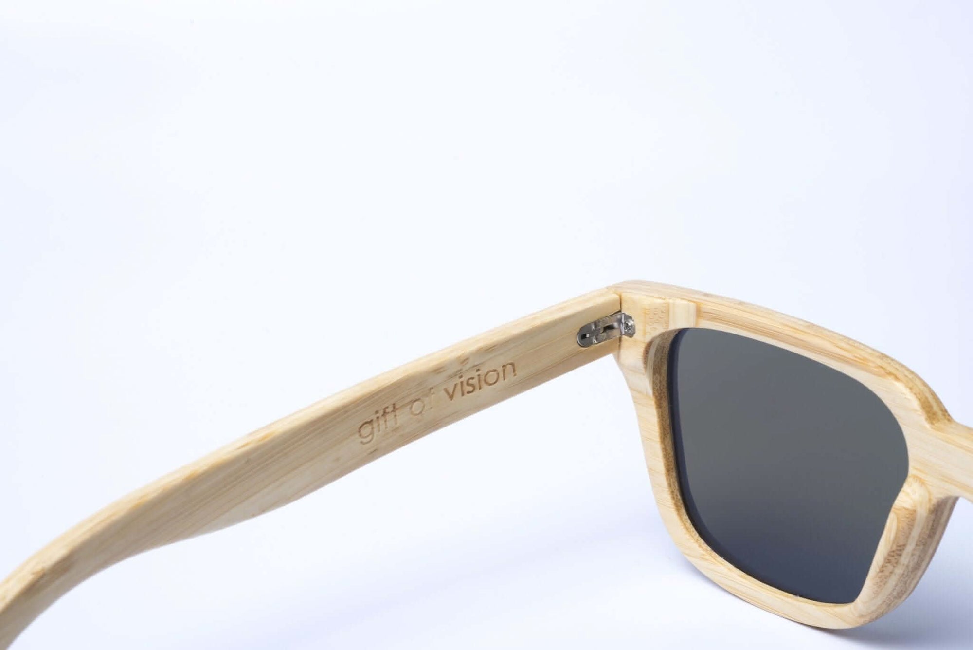 Panda JACKSON Bamboo Wayfarer Sunglasses (Natural) Inside Left Arm View with "gift of vision" Embossed