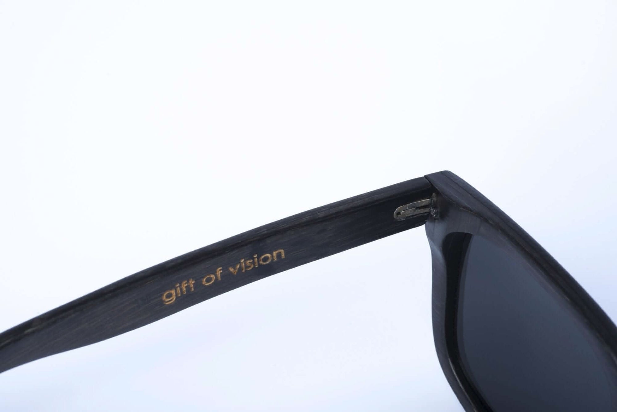 Panda JACKSON Bamboo Wayfarer Sunglasses (Black) Inside Left Arm View with &quot;gift of vision&quot; Embossed