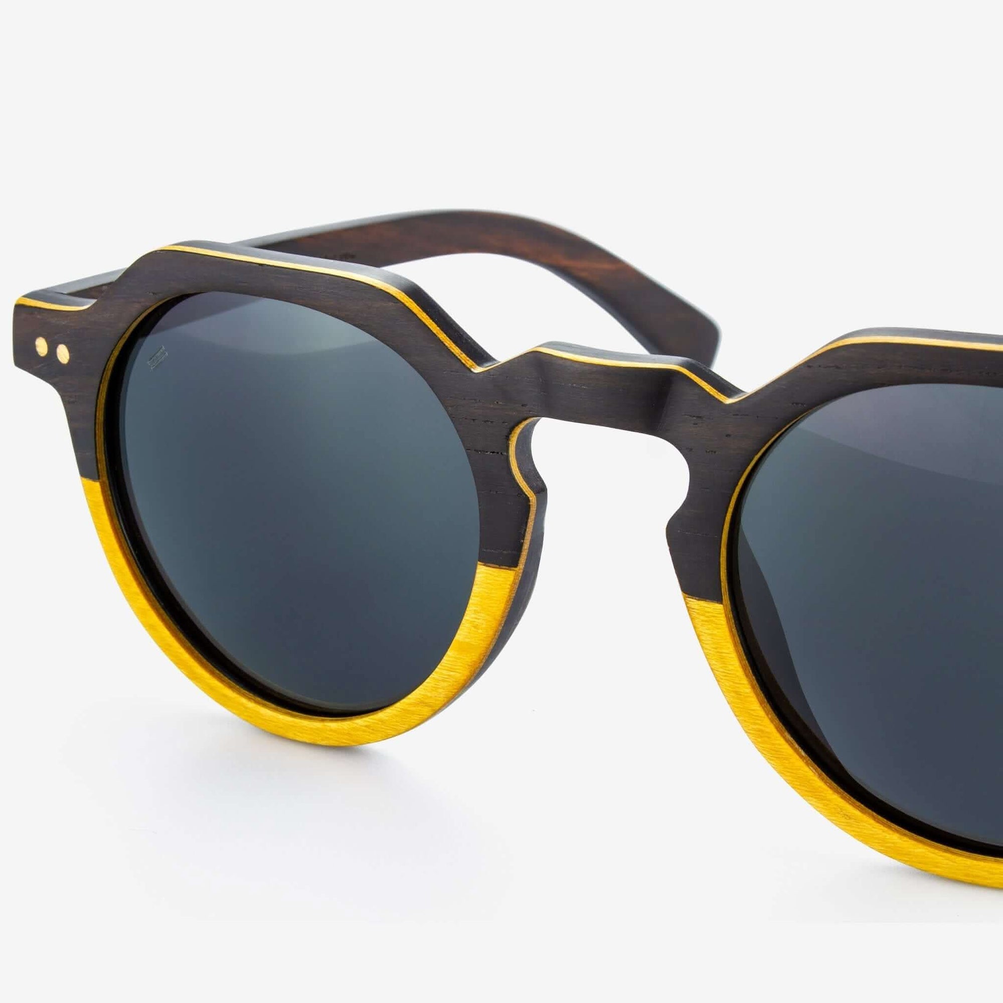 Tommy Owens - Anna Maria - Round Wood & Carbon Fiber Sunglasses (Ebony and Yellow Maple) Close-up View