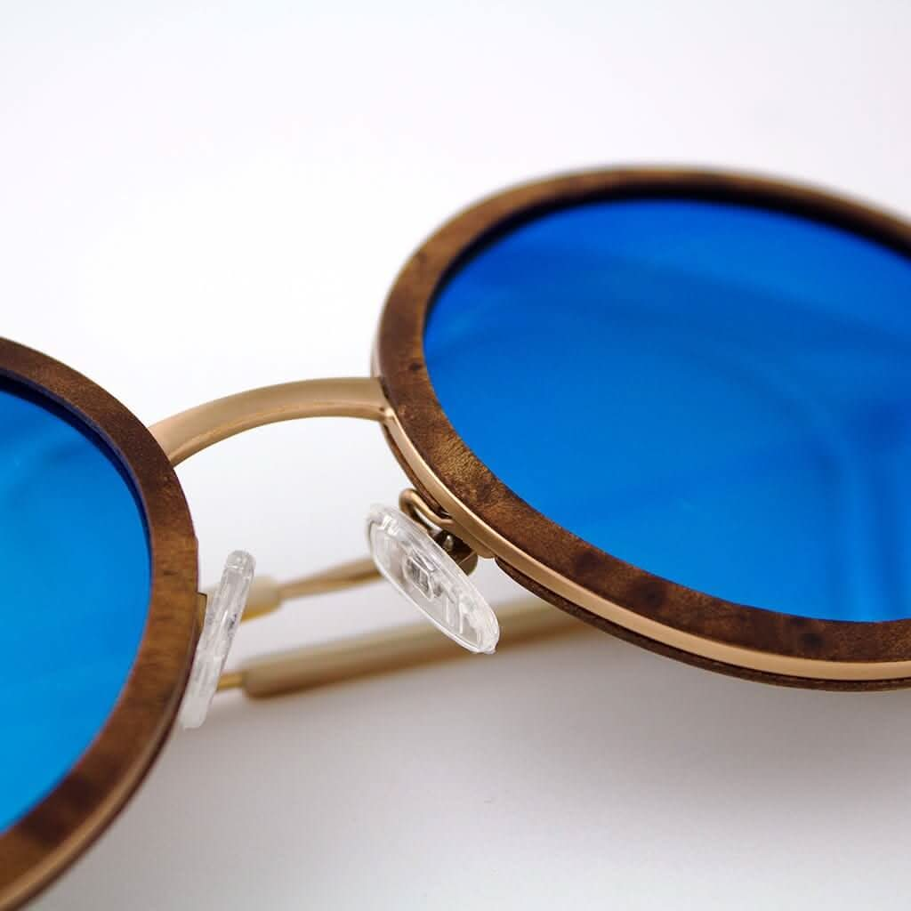 Tommy Owens - Largo - Round Wood &amp; Metal Sunglasses (Gold Camphor Burl) Close-up View