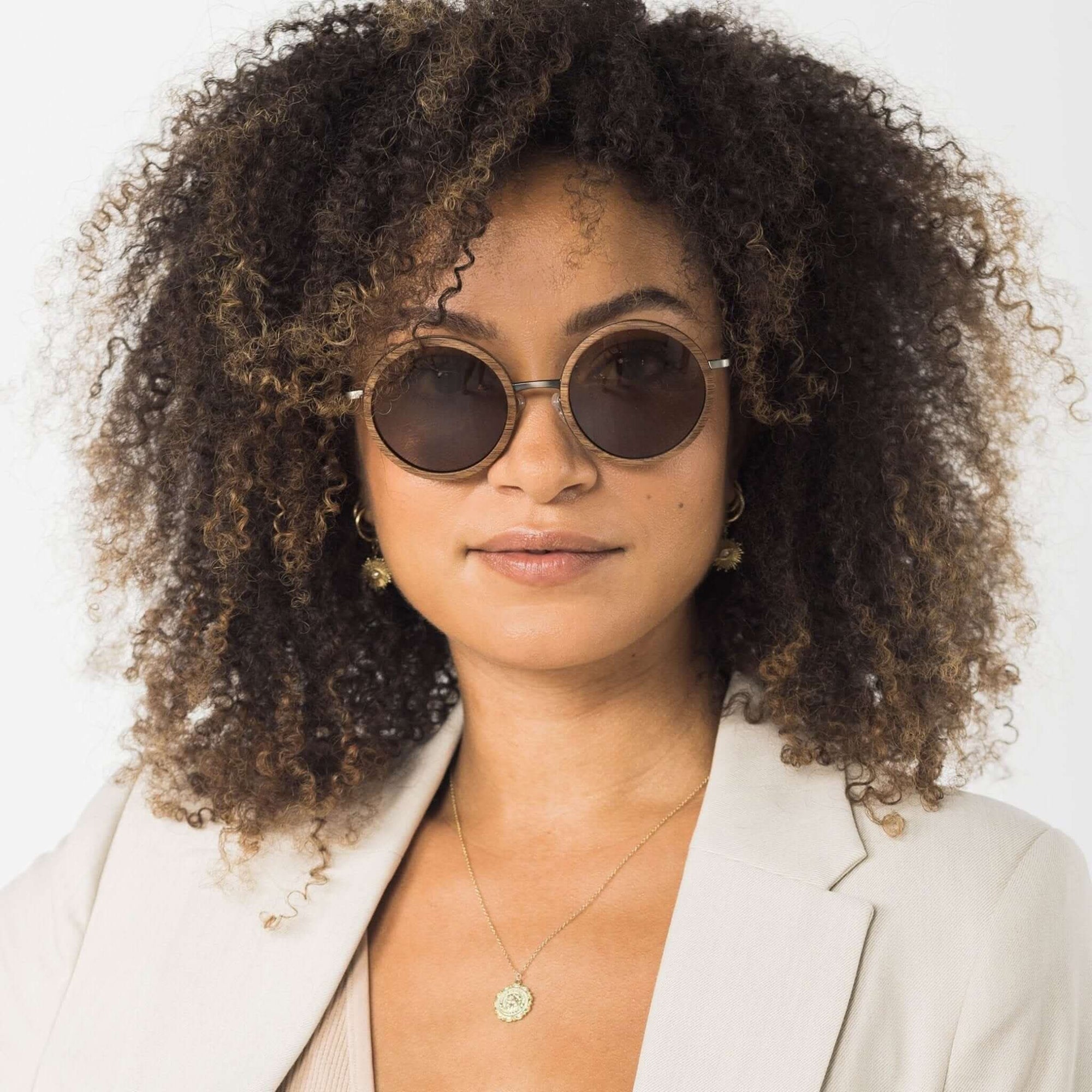 Tommy Owens - Largo - Round Wood & Metal Sunglasses (Black Walnut) Female Lifestyle Model Looking Straight Ahead