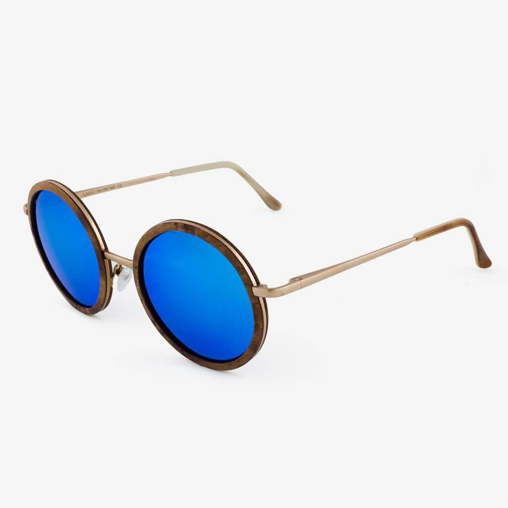 Tommy Owens - Largo - Round Wood &amp; Metal Sunglasses (Gold Camphor Burl) Angled View