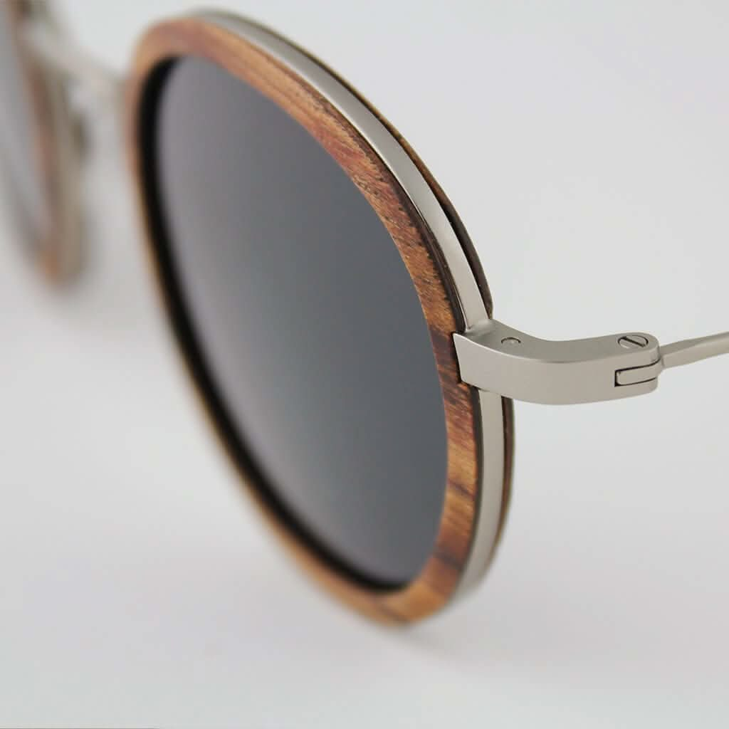 Tommy Owens - Pasco - Round Featherlight Wood & Titanium Sunglasses (Rosewood) Close-up View