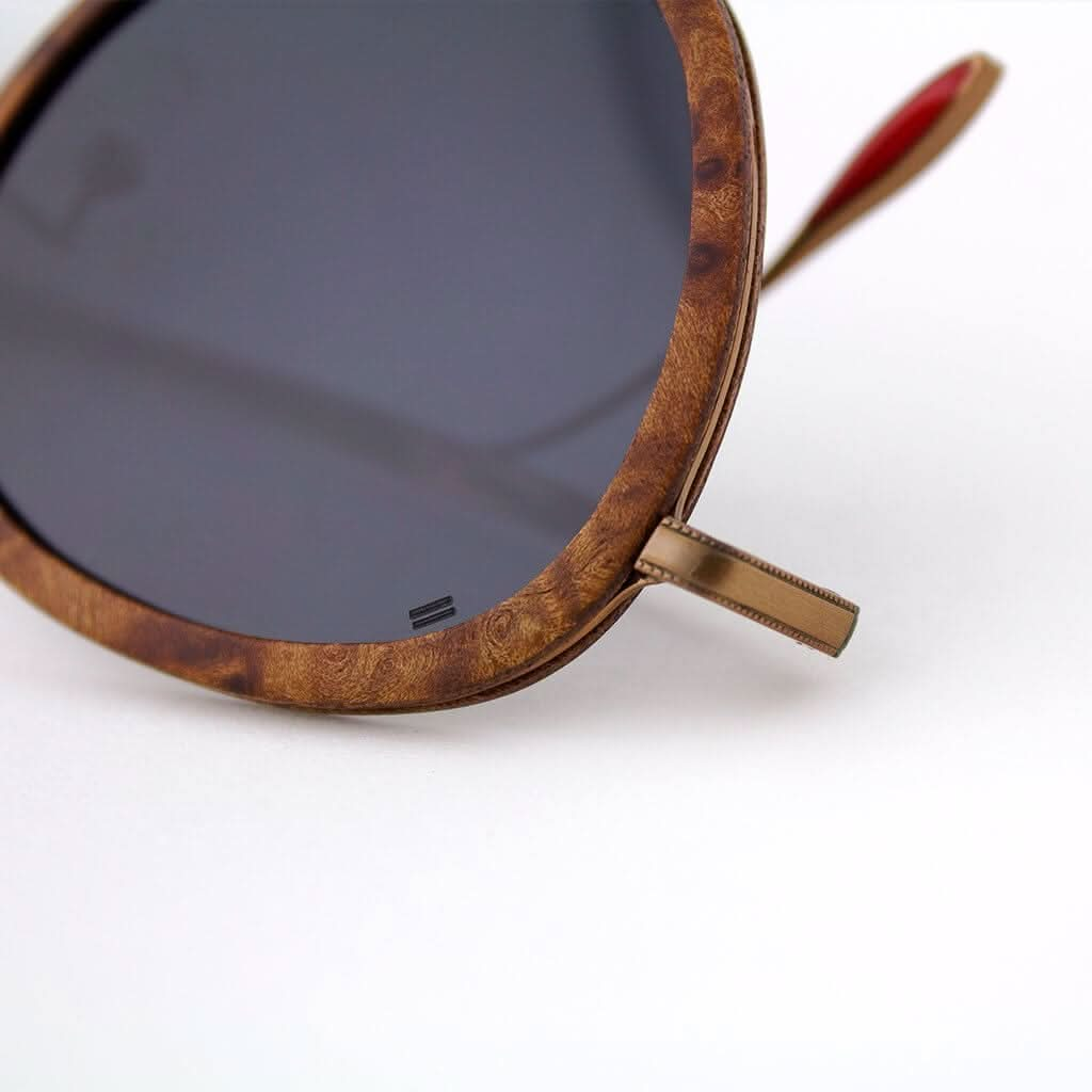 Tommy Owens - Richey - Round Featherlight Wood &amp; Titanium Sunglasses (Red Camphor Burl) Close-up View