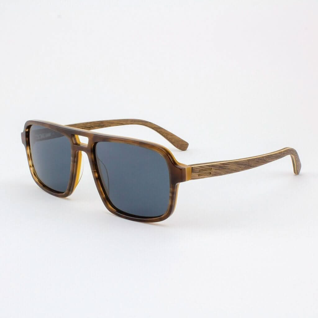 Tommy Owens - Rockledge - Oversized Rectangle Wood & Acetate Sunglasses (Tobacco) Angled View