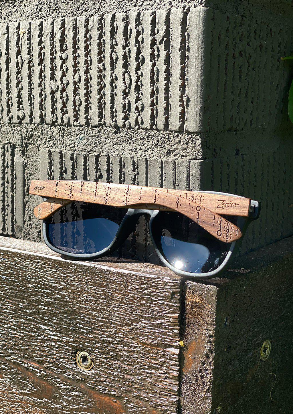 Zerpico BINARY Eyewood Engraved Wooden Sunglasses - Folded View Highlighting Hand-Carved Wooden Arms