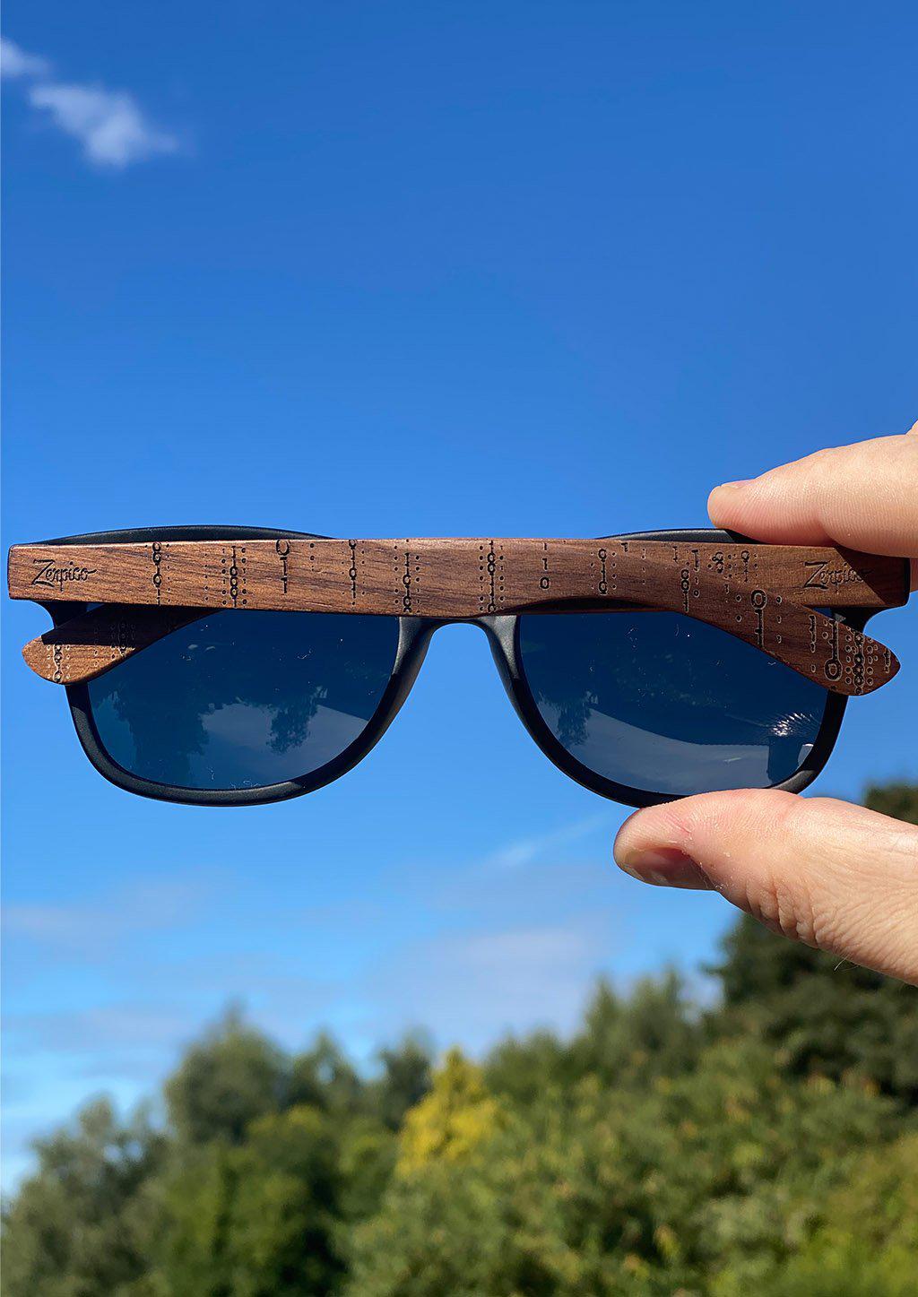 Zerpico BINARY Eyewood Engraved Wooden Sunglasses Outdoor View Focused On Hand-Carved Wooden Arms