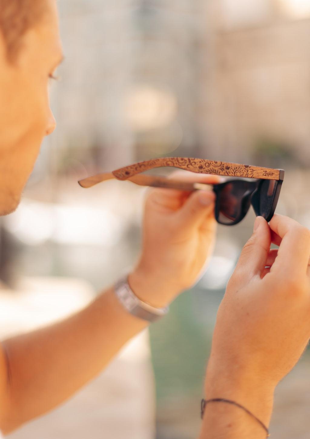 Zerpico OASIS Eyewood Engraved Wooden Sunglasses - LIn-Hand View Highlighting Hand-Carved Wooden Arms