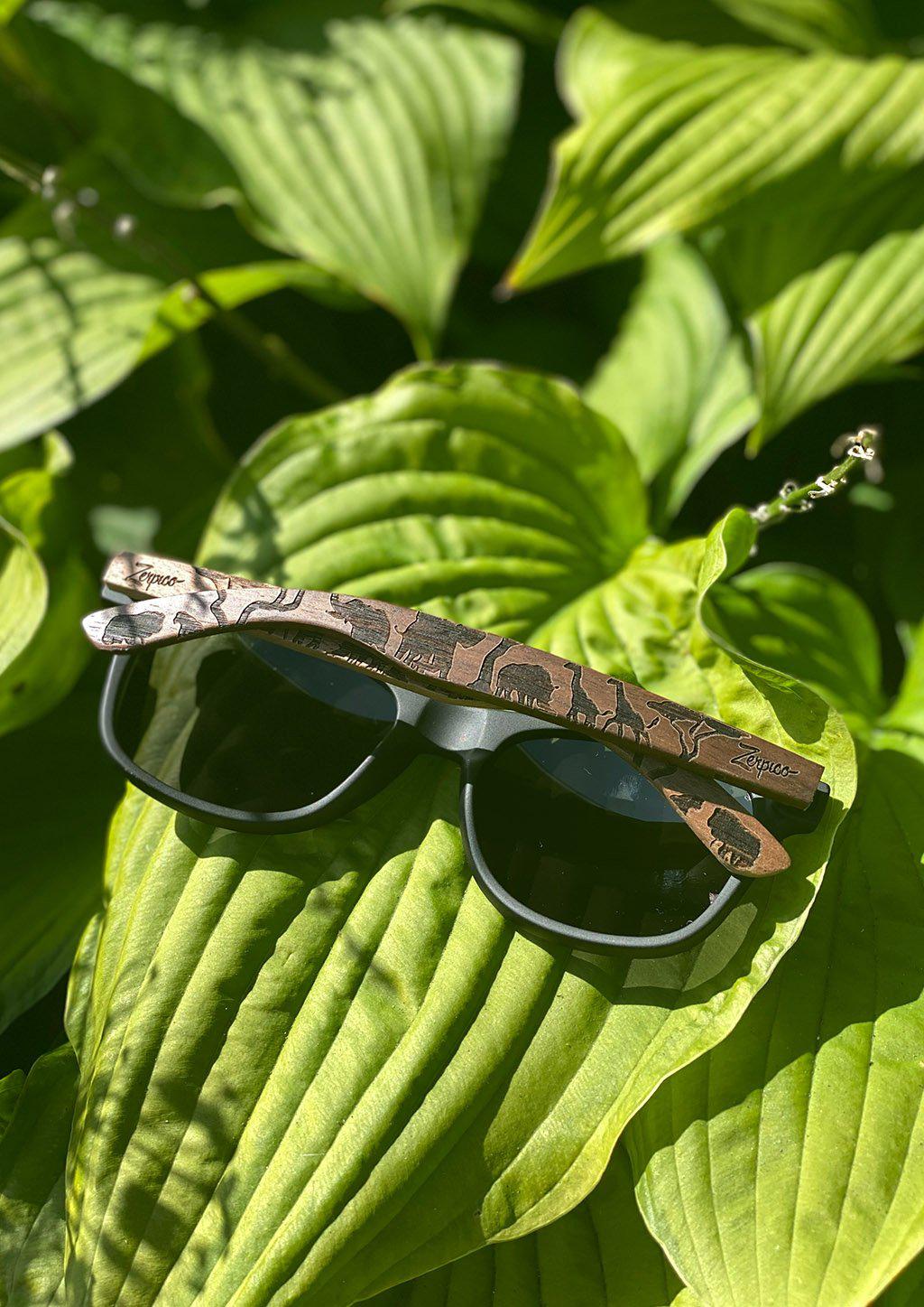 Zerpico SAFARI Eyewood Engraved Wooden Sunglasses - Lifestyle View 1 Highlighting Hand-Carved Wooden Arms