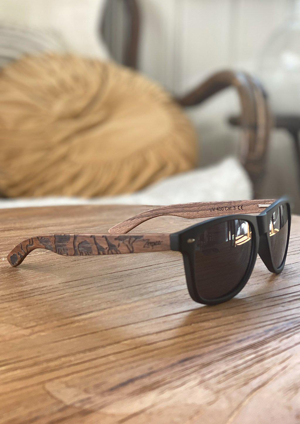 Zerpico SAFARI Eyewood Engraved Wooden Sunglasses - Lifestyle View 4 Highlighting Hand-Carved Wooden Arms