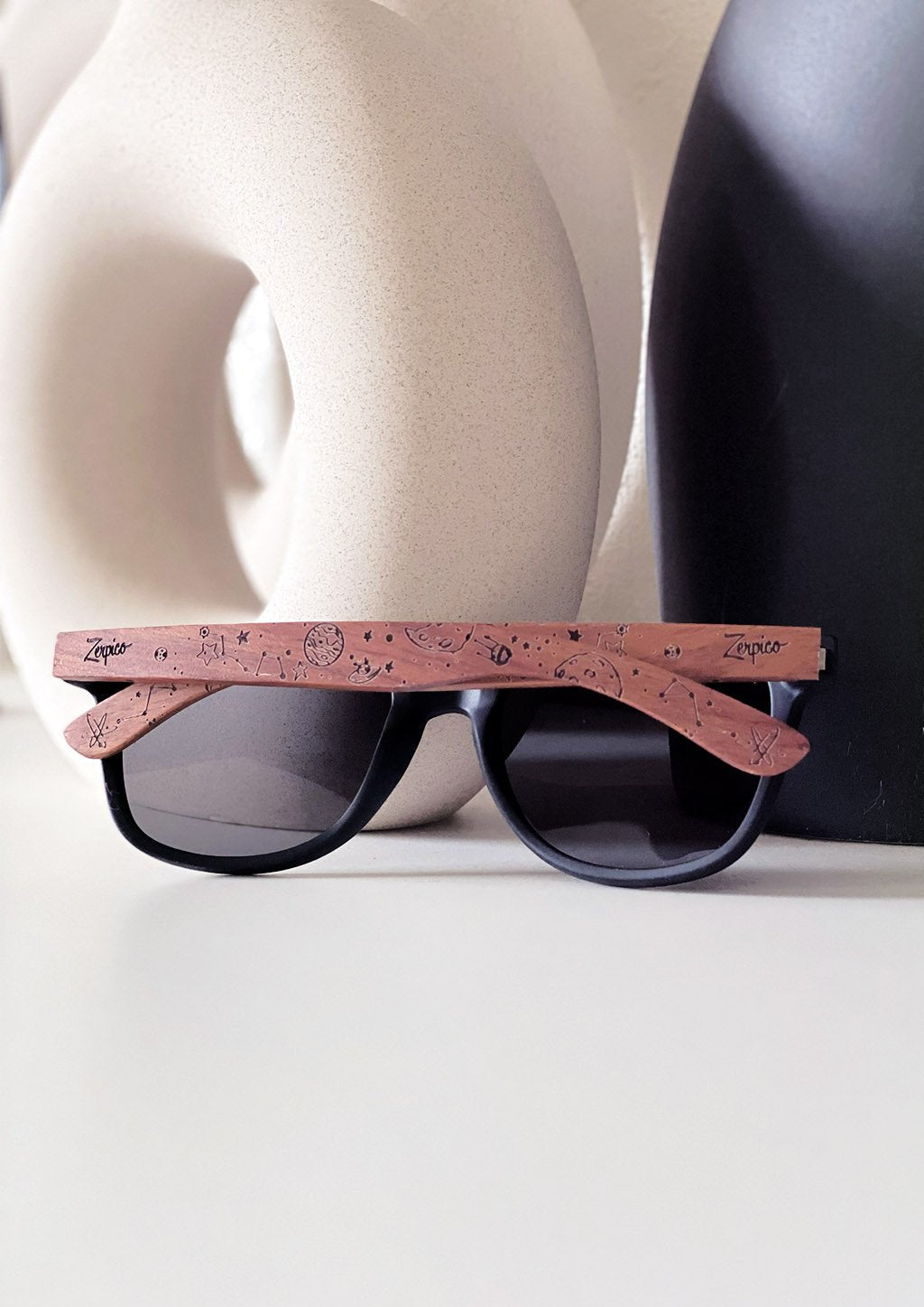 Zerpico STARLIGHT Eyewood Engraved Wooden Sunglasses - Lifestyle View 1 Highlighting Hand-Carved Wooden Arms