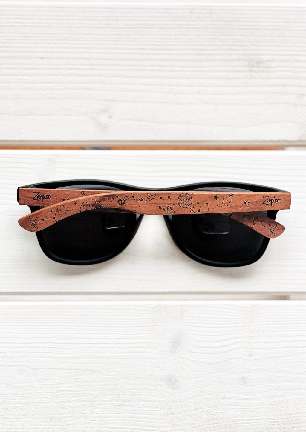 Zerpico STARLIGHT Eyewood Engraved Wooden Sunglasses - Lifestyle View 2 Highlighting Hand-Carved Wooden Arms