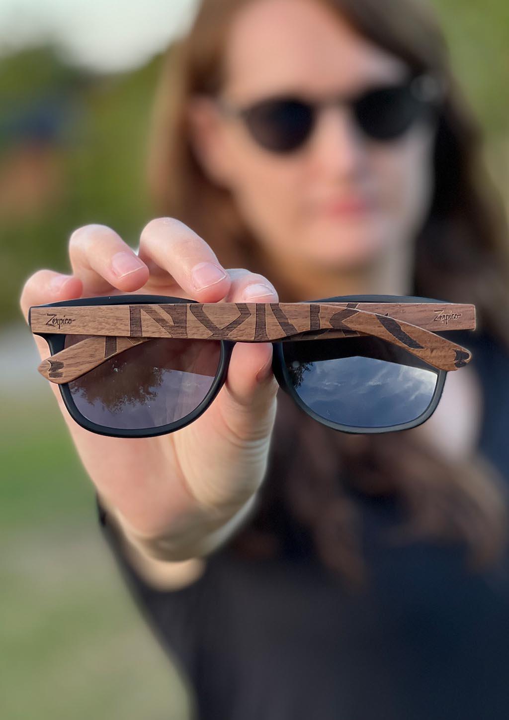 Zerpico NORWAY VIKING RUNES Eyewood Engraved Wooden Sunglasses - In-Hand View Highlighting Hand-Carved Wooden Arms