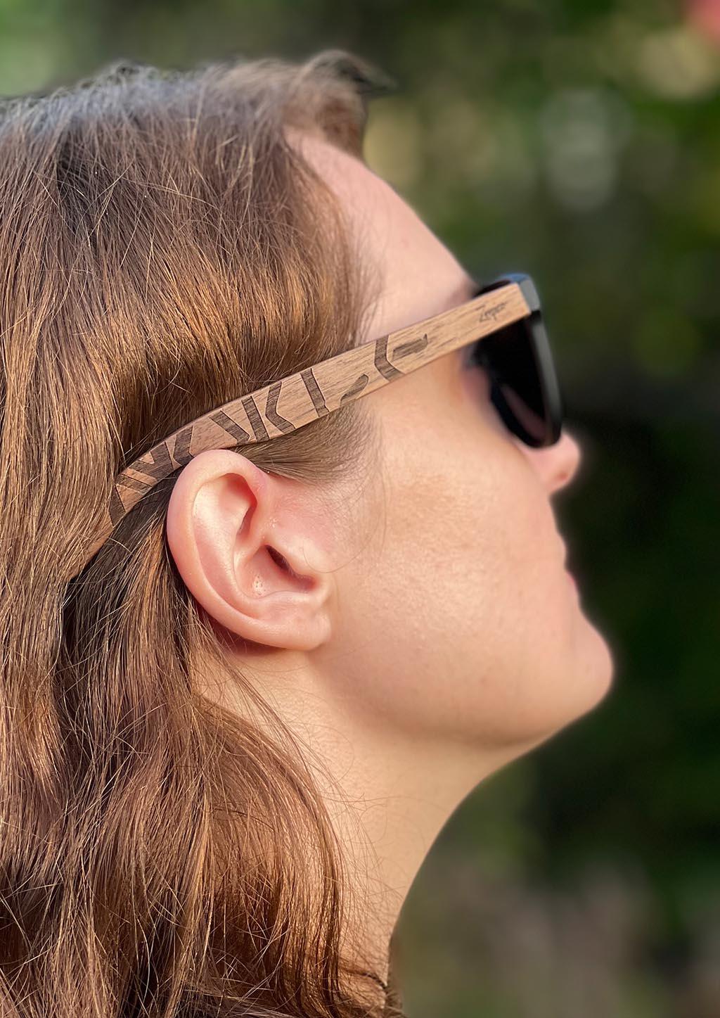 Zerpico NORWAY VIKING RUNES Eyewood Engraved Wooden Sunglasses - Model View Highlighting Hand-Carved Wooden Arms