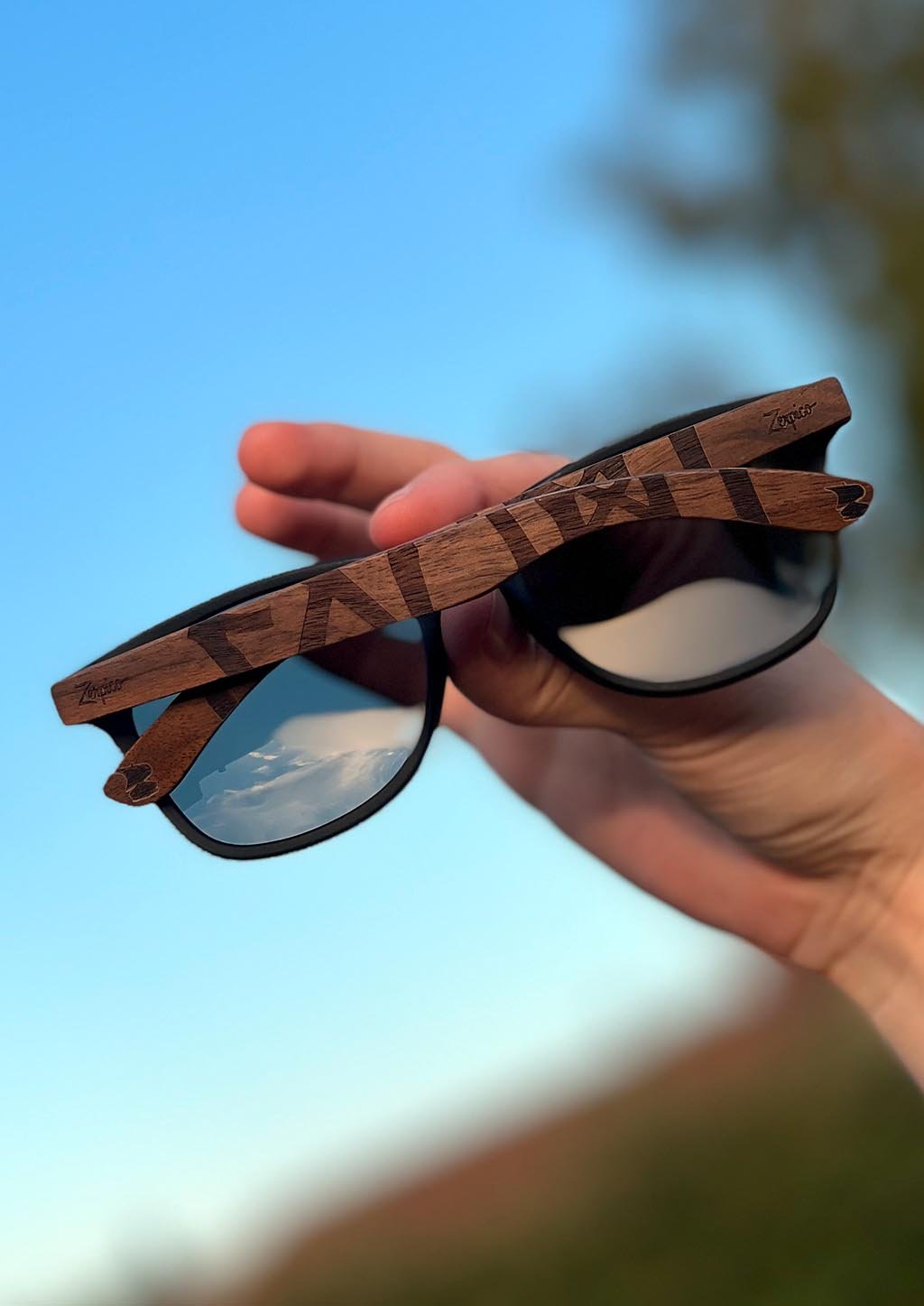 Zerpico SOUMI VIKING RUNES Eyewood Engraved Wooden Sunglasses - In-Hand View Highlighting Hand-Carved Wooden Arms