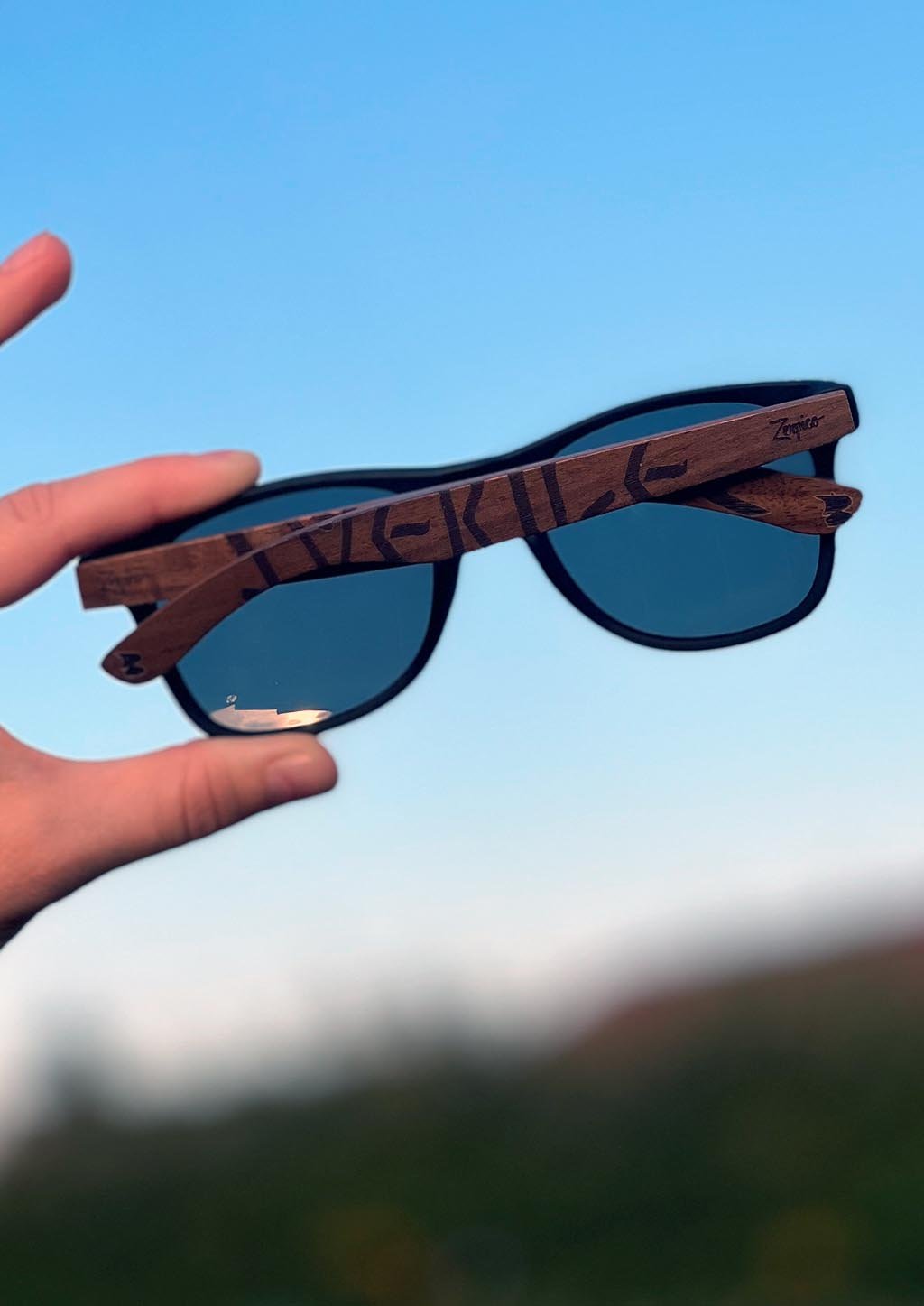 Zerpico SWEDEN VIKING RUNES Eyewood Engraved Wooden Sunglasses - Lifestyle View Highlighting Hand-Carved Wooden Arms